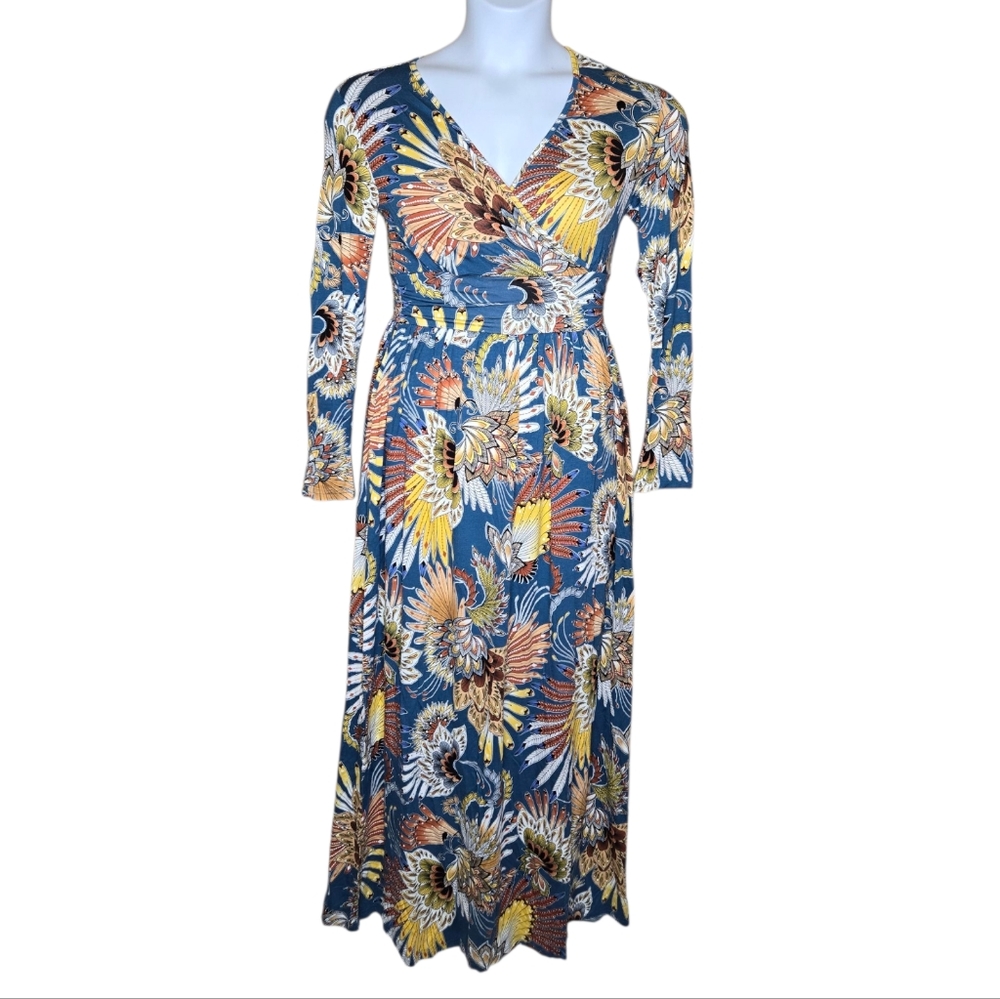 NEW Cathy blue feather flower v-neck long sleeve long maxi dress with pockets S